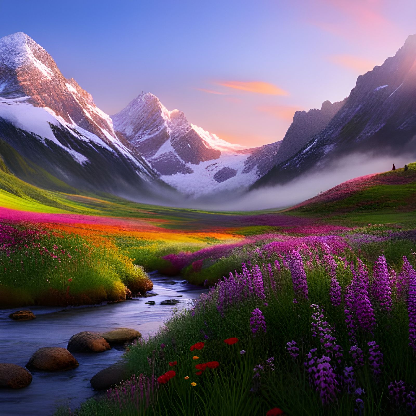 Romantic Sunset Over Snowy Mountain Landscape