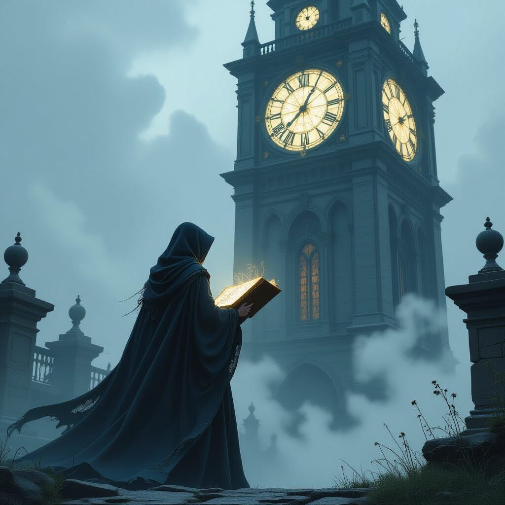 Sorceress in Clock Tower: Dark Fantasy Art
