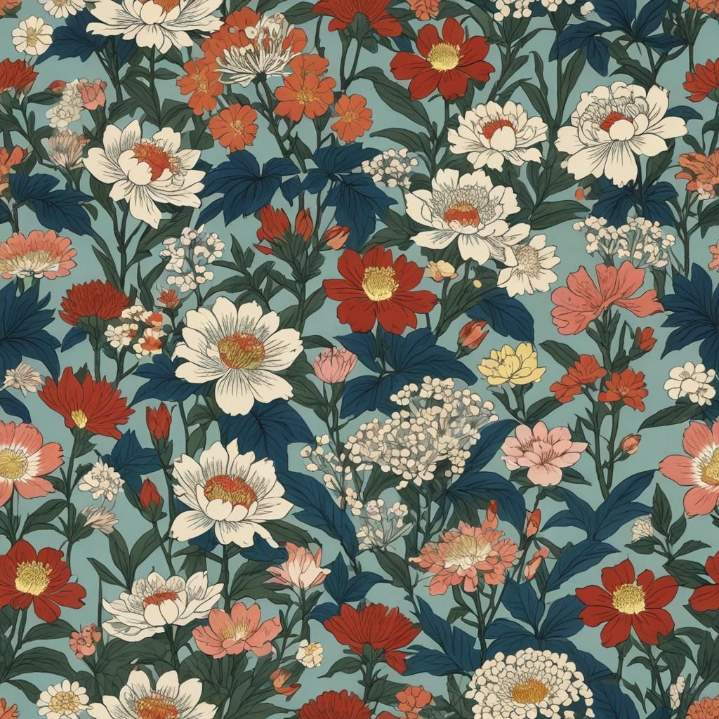 Seamless Floral Pattern in Ukiyo-e Style