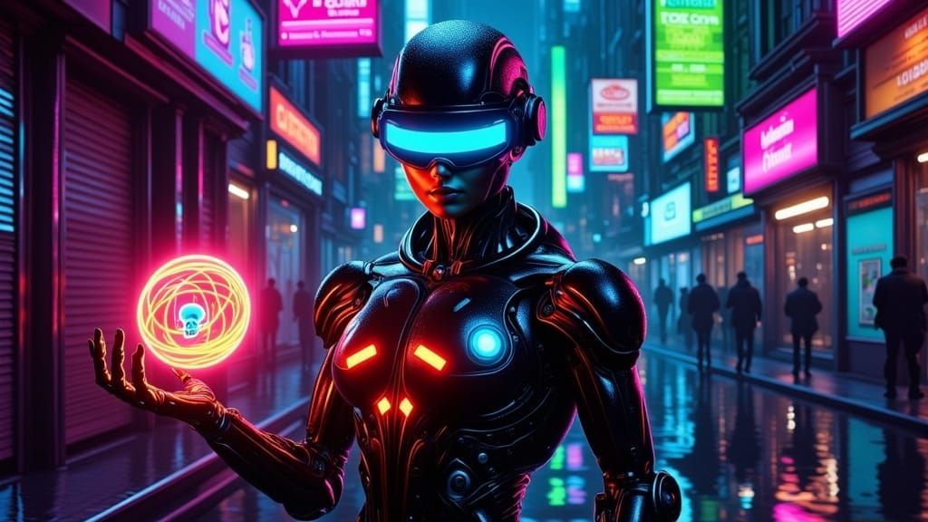 Cyber Android Adorns Neon Cityscape with Biomechanical Artis...