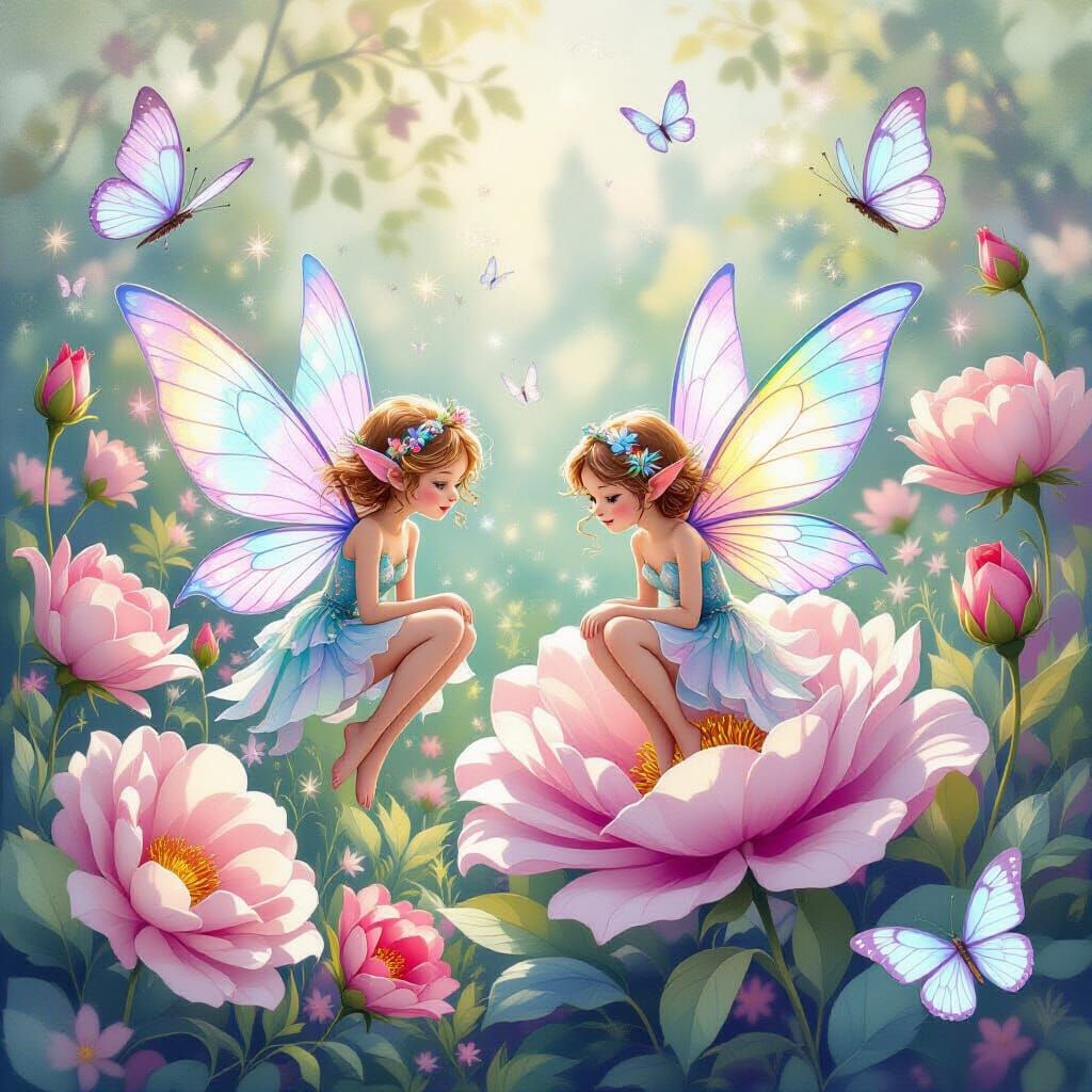 Whimsical Fairies in Pastel Flower Garden