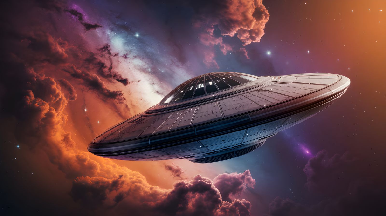 Glowing UFO Embarks on Cosmic Journey Through Vibrant Nebula