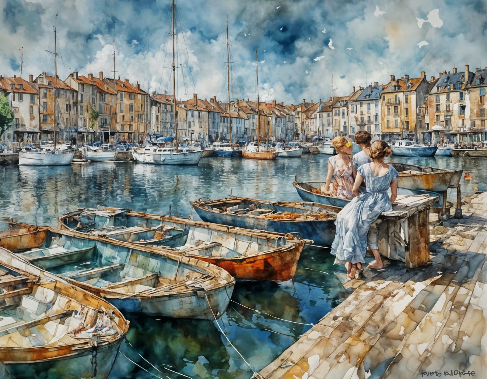 French Port Scene in Romantic Watercolor Style