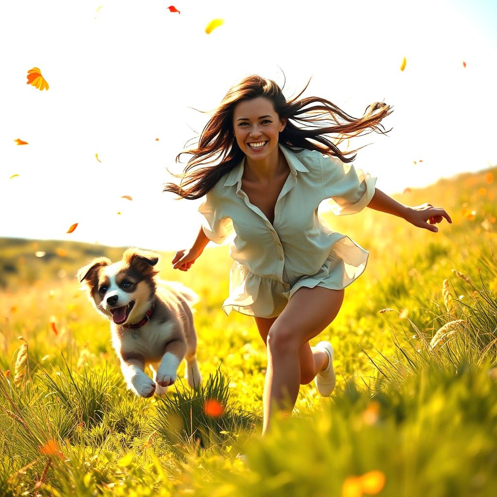Brunette Chasing Puppy on Windy Day, Detailed Digital Art