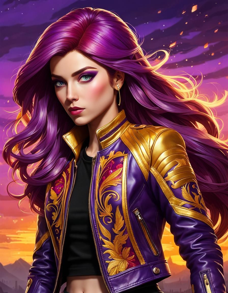 Purple and Gold Portrait with Leather Jacket