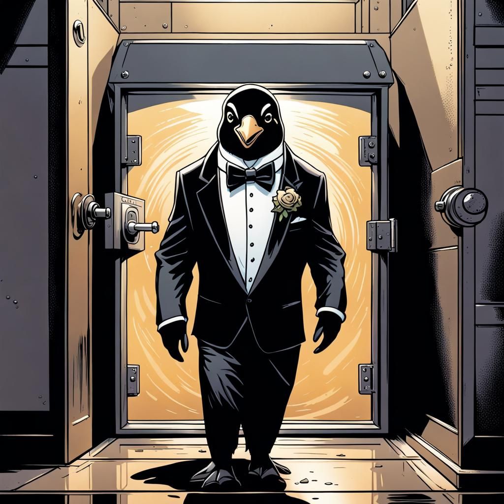 Penguin Bank Heist in Comic Book Style