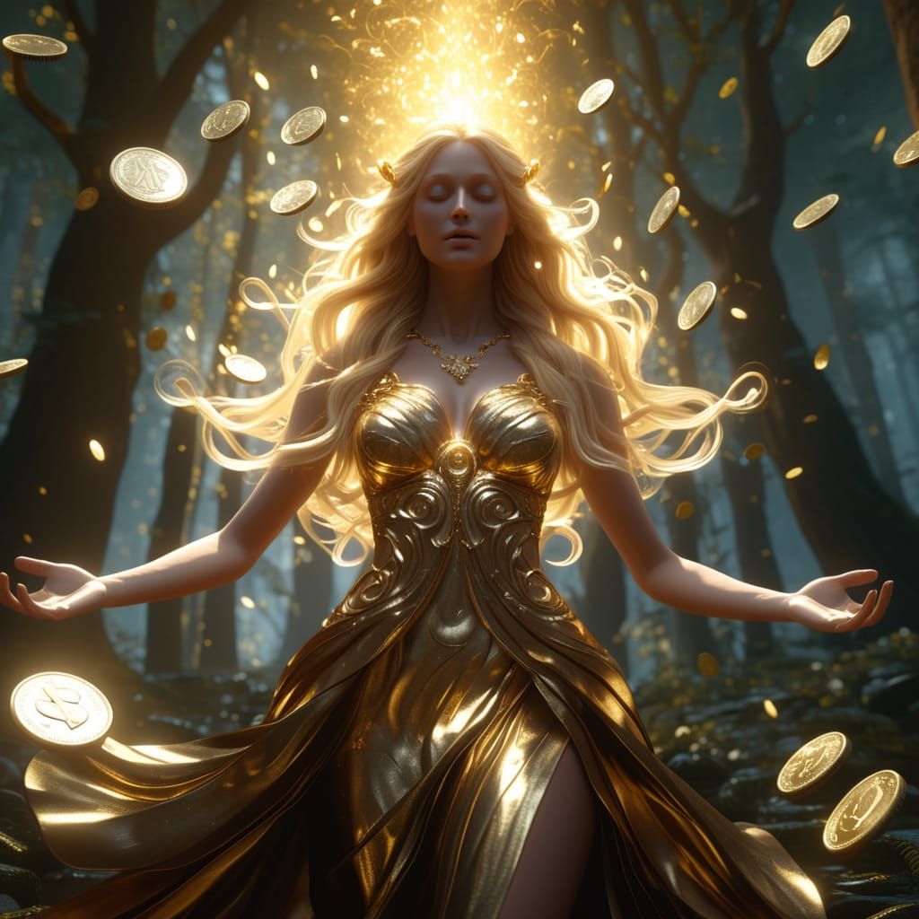 Blonde Goddess with Golden Magic in Enchanted Forest
