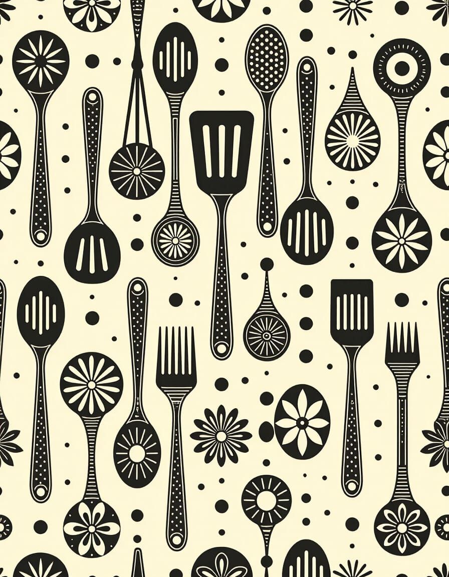 Vintage 1950s Kitchen Utensil Pattern in Black and White