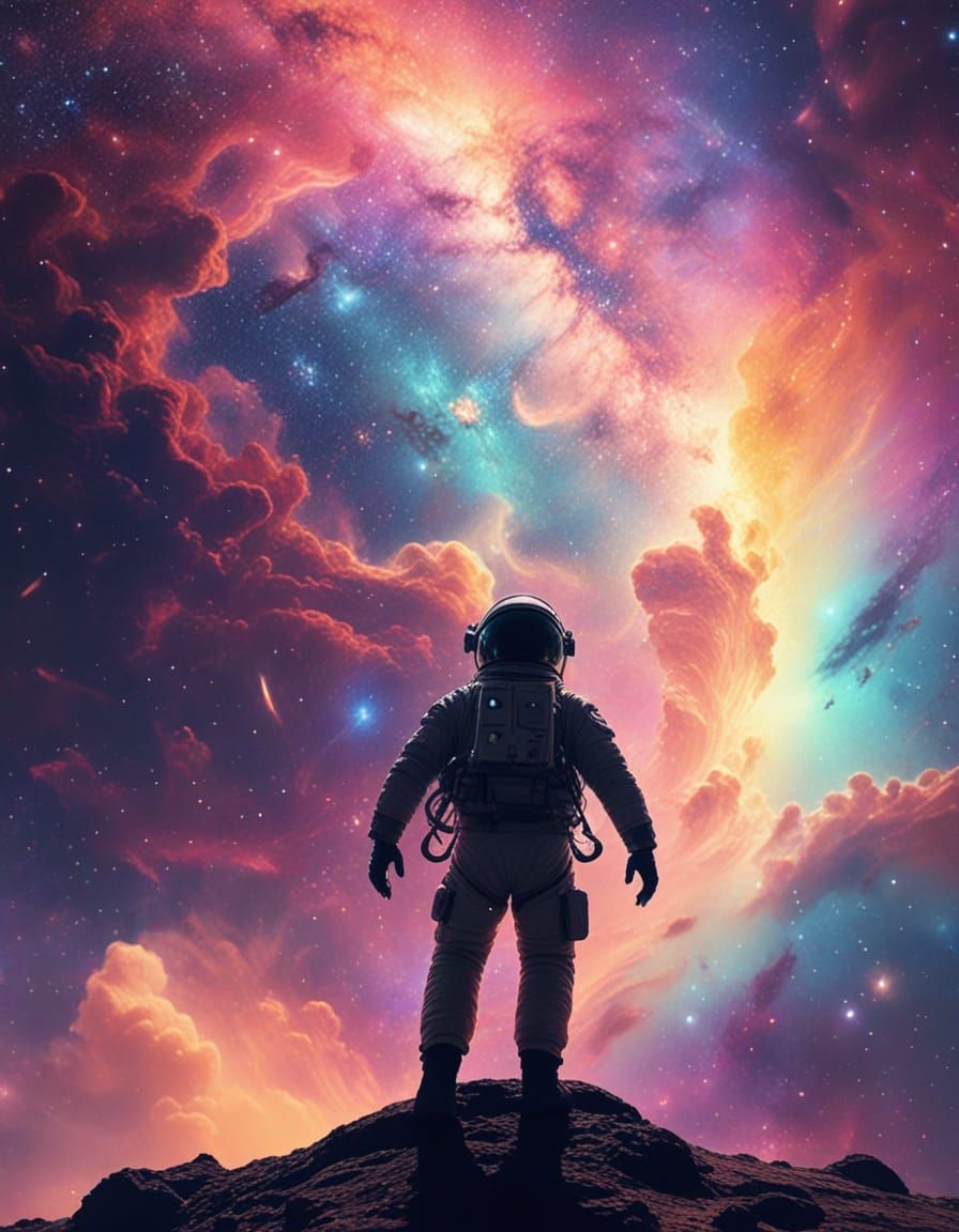 Astronaut Reaches for Galaxy in Vibrant Nebula Digital Art