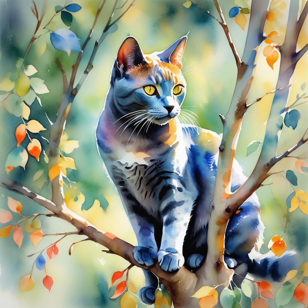 Russian Blue Cat Climbing Tree in Watercolor Style