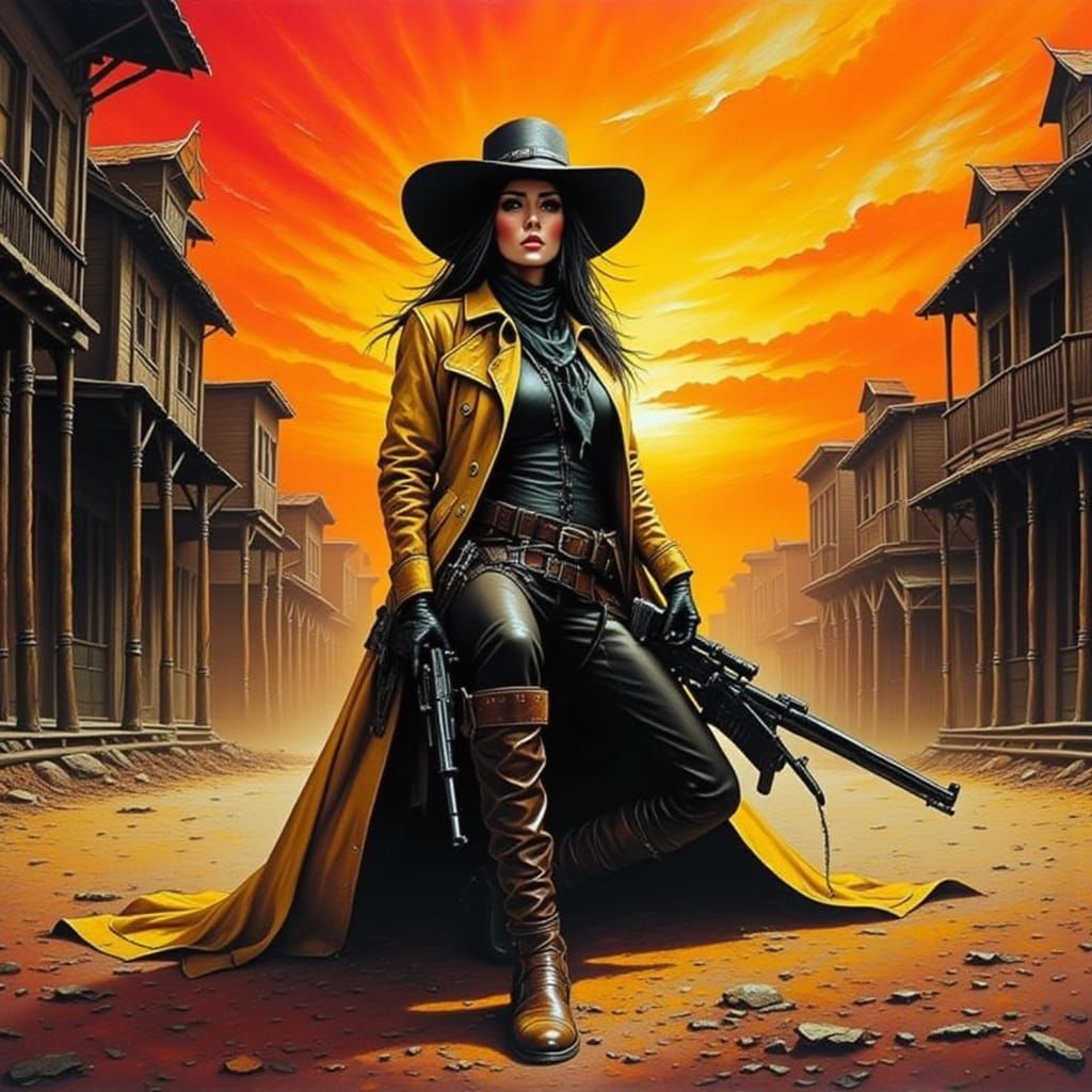 Female Outlaw in Ghost Town at Sunset