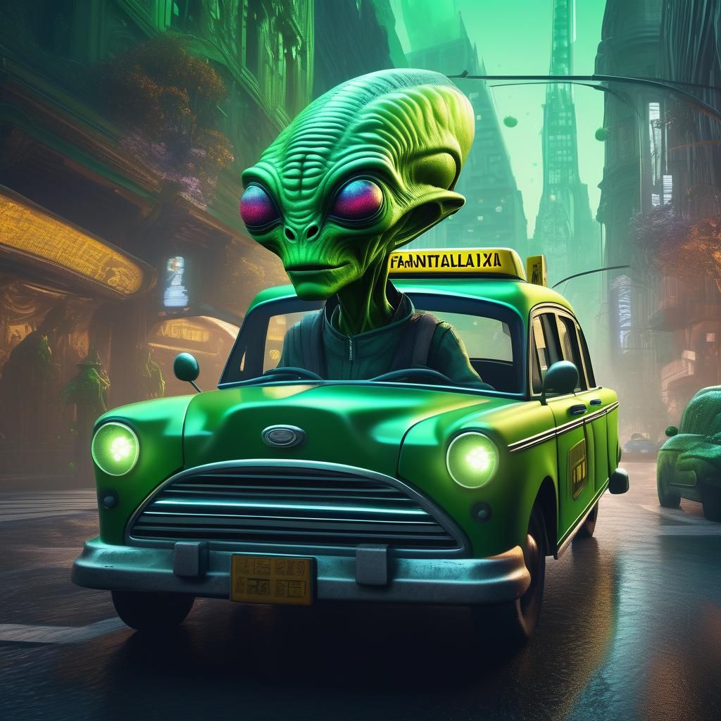 Green Alien Drives Taxi: Detailed Matte Painting