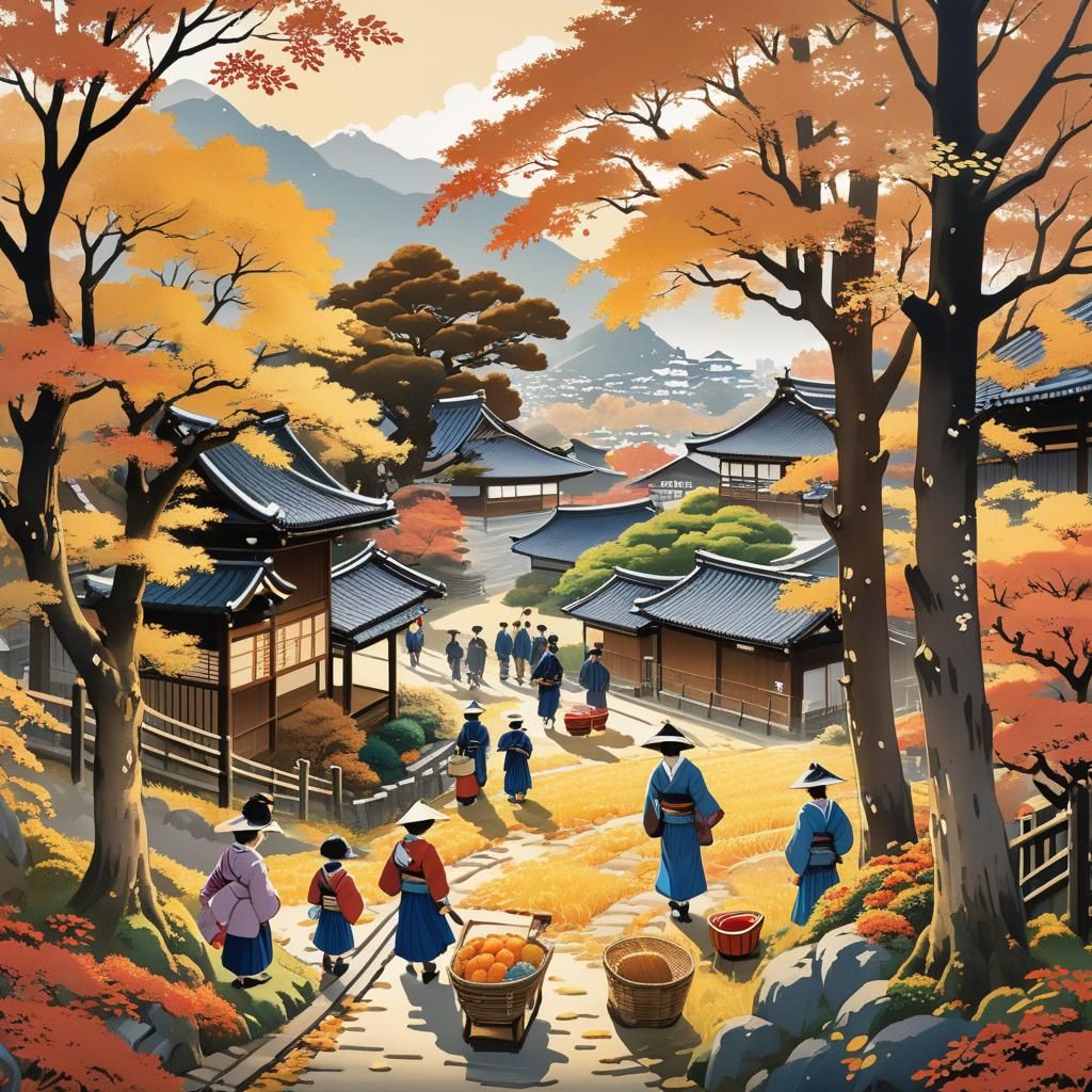 Beginning of autumn in a Japanese village in Ukiyo-e-Style