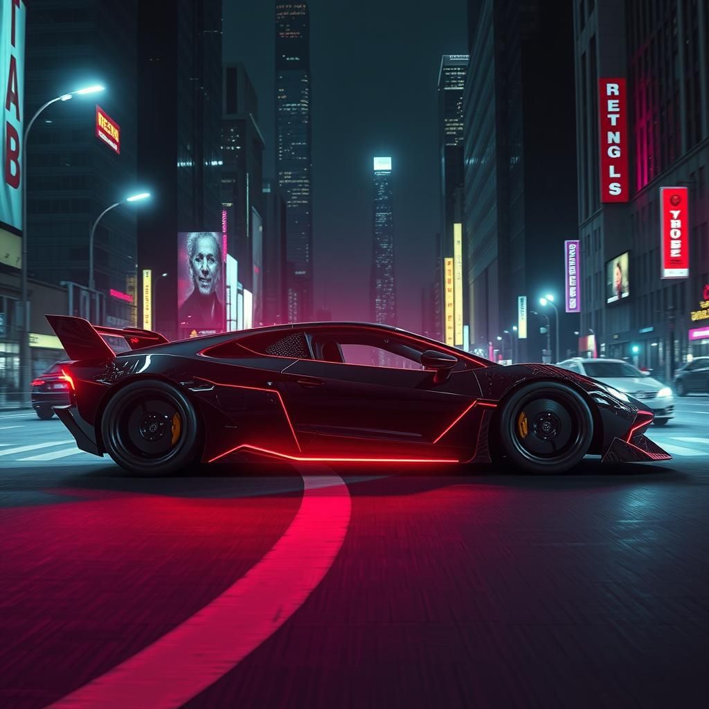 Futuristic Car Speeding Through Cyberpunk City