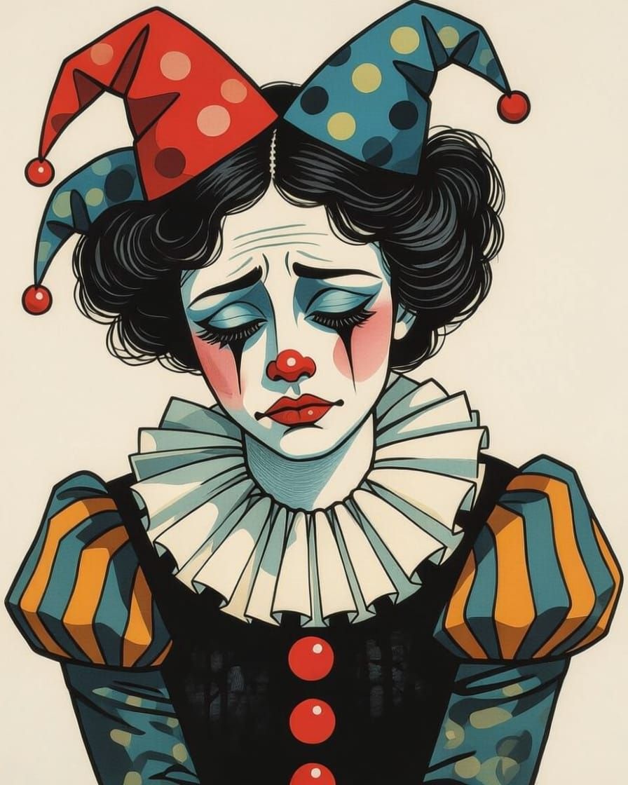 Sorrowful Female Clown Portrait in Symbolist Fantasy Style