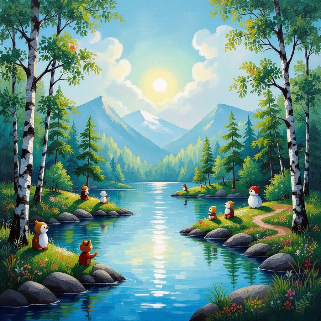 Tranquil Landscape of Happy Little Trees in Graffiti Art