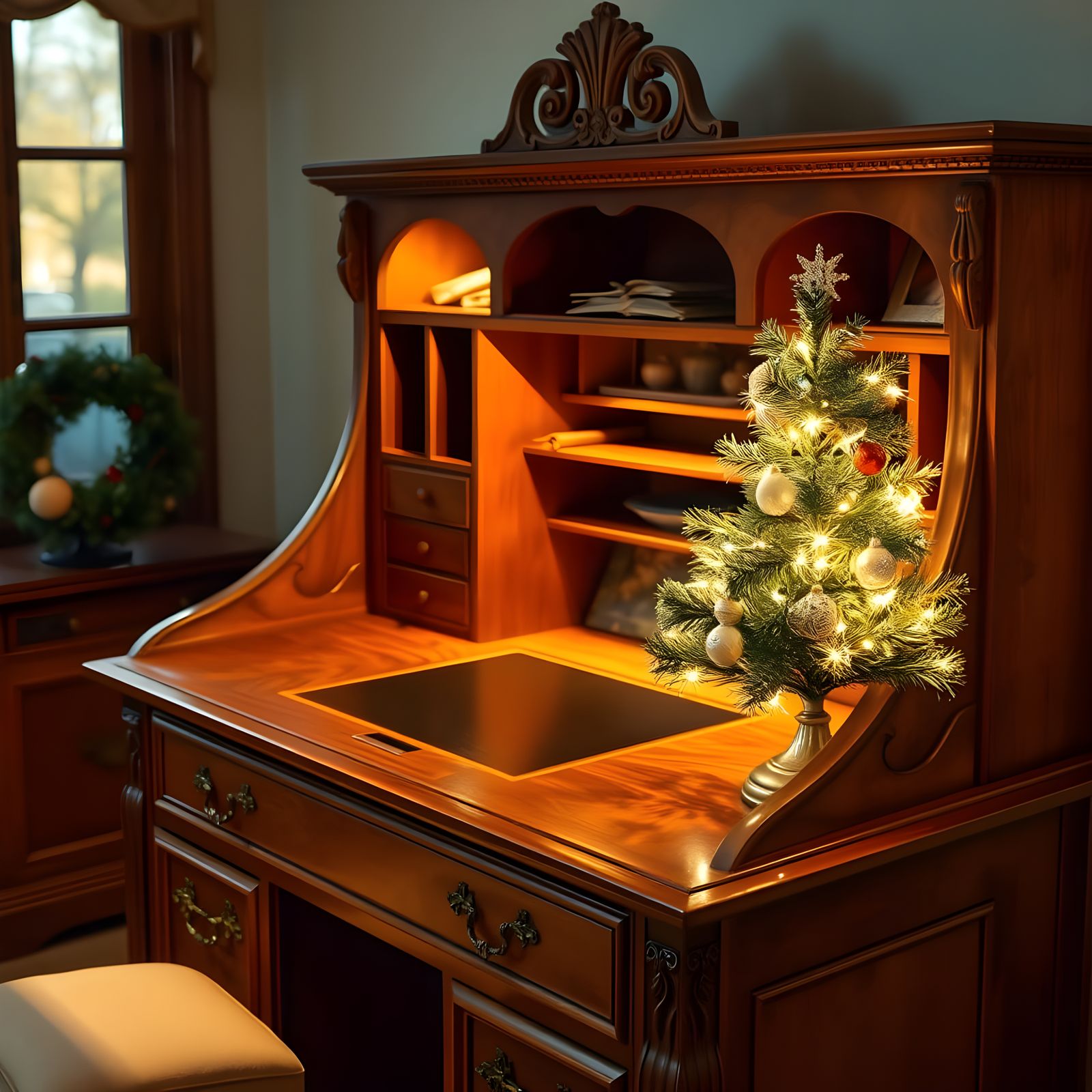 Vintage Walnut Desk with Festive Christmas Tree