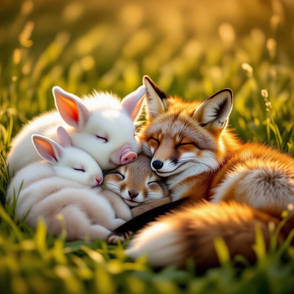 Peaceful Meadow Scene: Animals Sleeping Together