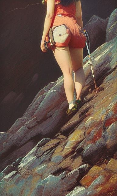 Woman Hiking Mountain in Surreal Triadic Colors