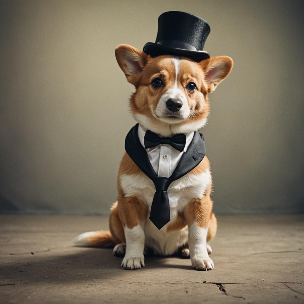 Corgi in Top Hat: Cinematic Film Still