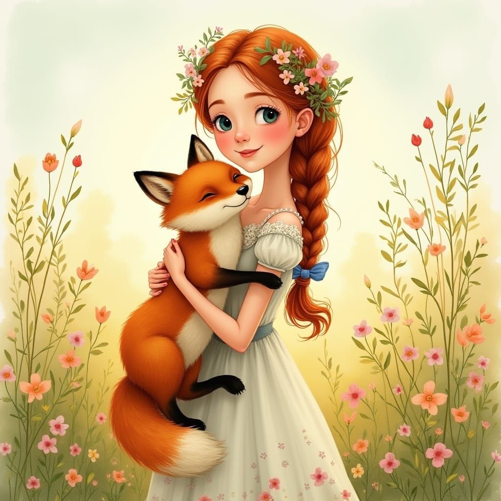 Ethereal Watercolor Portrait of a Young Woman with Fox in a ...