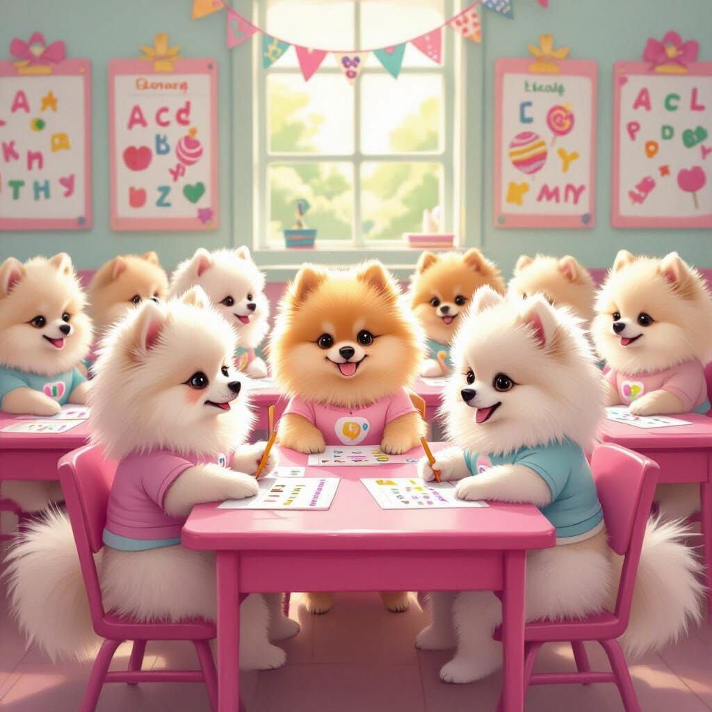 Pomeranians Learning Alphabet in Candy Land School
