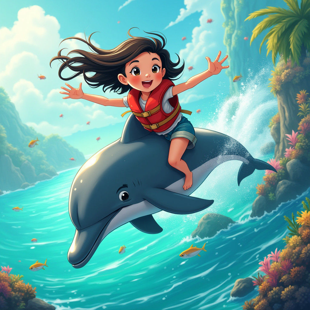 Girl Rides Dolphin in Tropical Lagoon, Whimsical Art