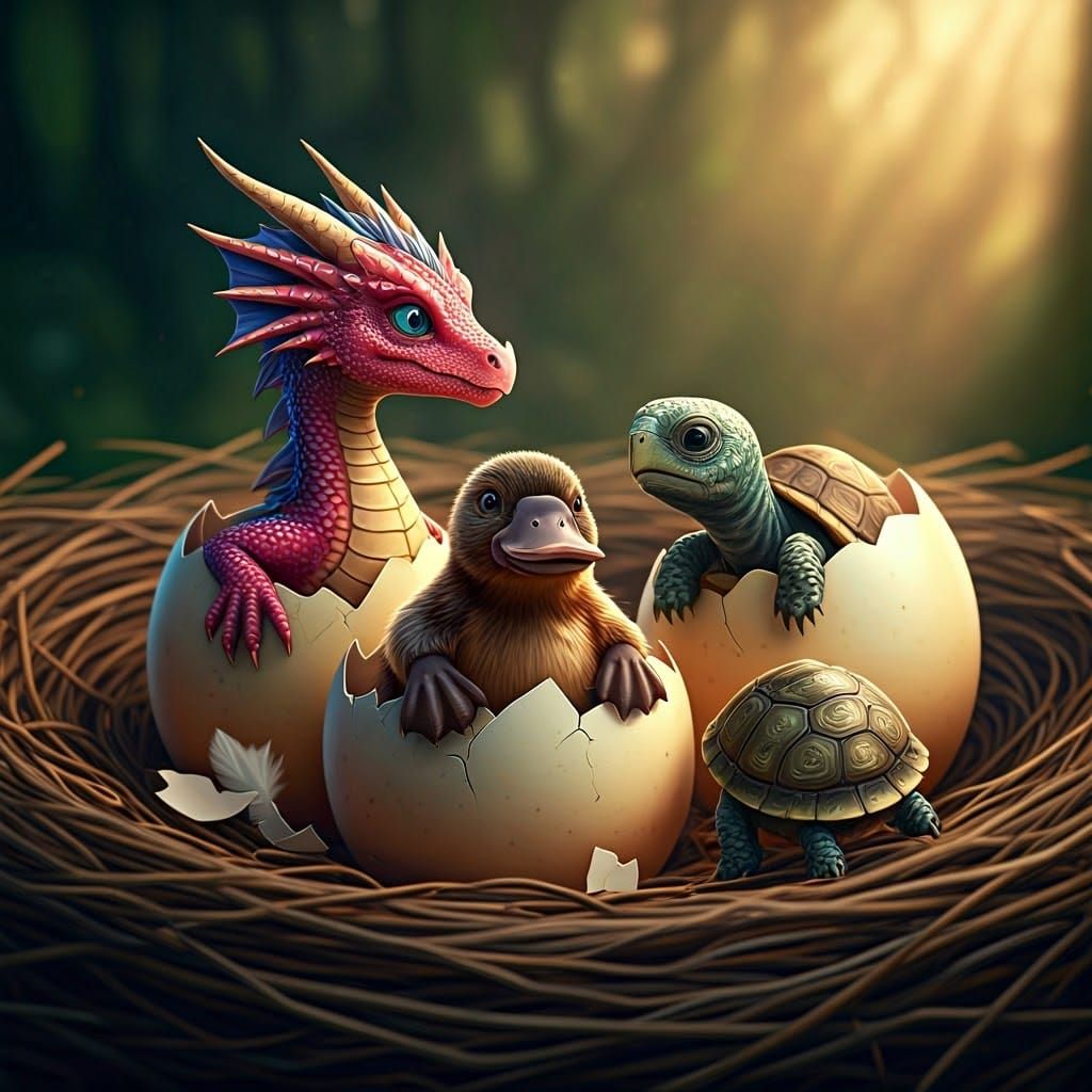 Mythical Creatures Hatching in a Fantasy Illustration