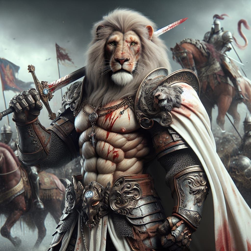 Lion Knight in War-torn Fantasy Landscape