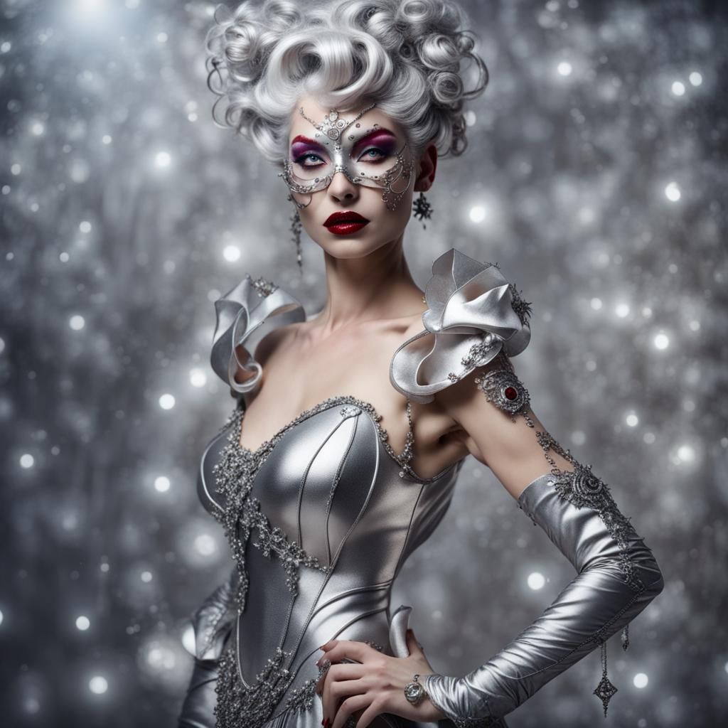 Elfin Woman in Futuristic Silver Gown and Mask