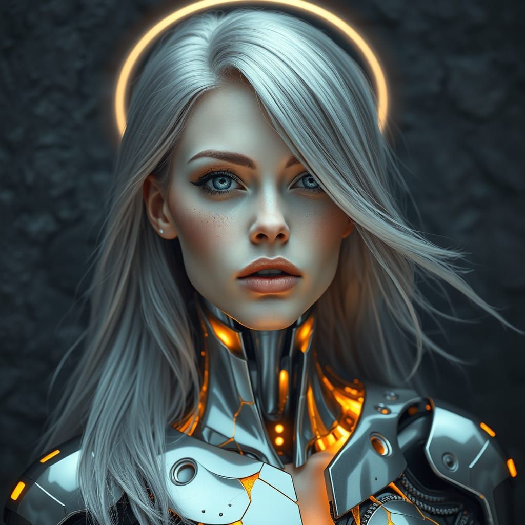 Hyperrealistic Female Robot Portrait with Glowing Gold Energ...