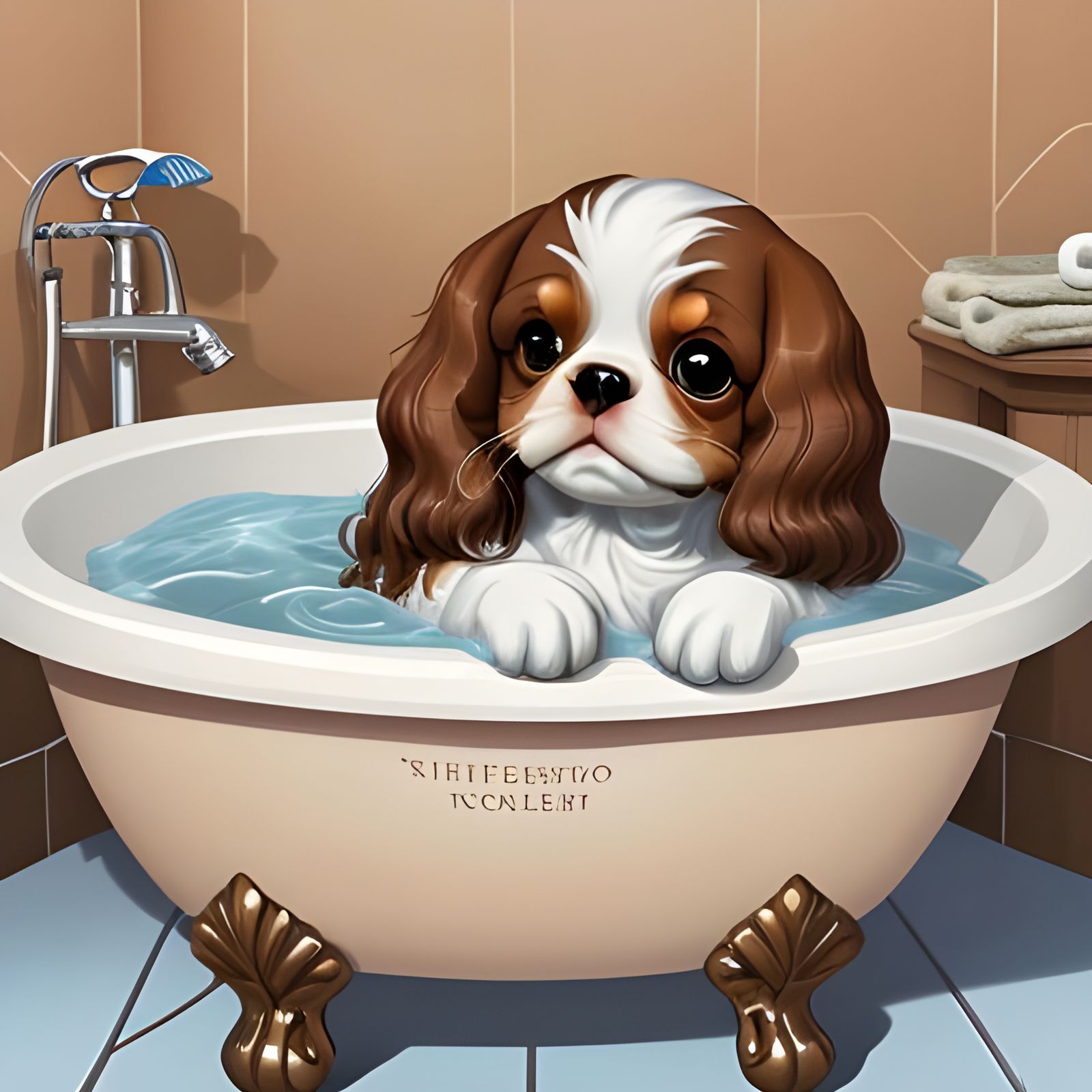 Cartoon Cavalier King Charles Spaniel in Bubbles
