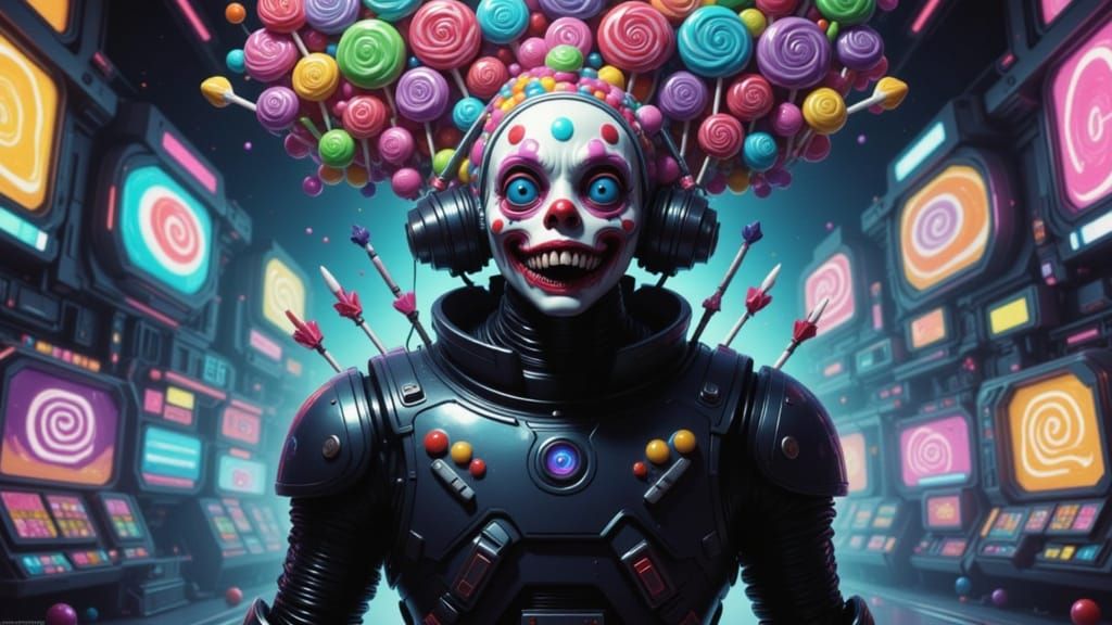 Cyberpunk Clown Monster with Lollipops and Arrows