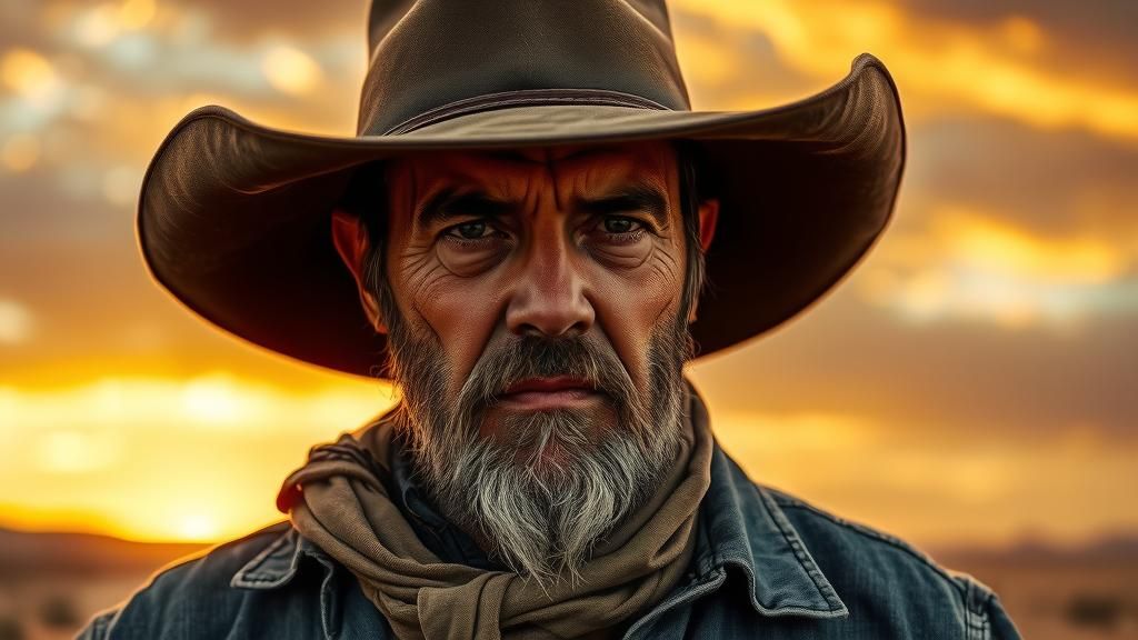 Weathered Cowboy in Desert Sunset: Gritty Western Film