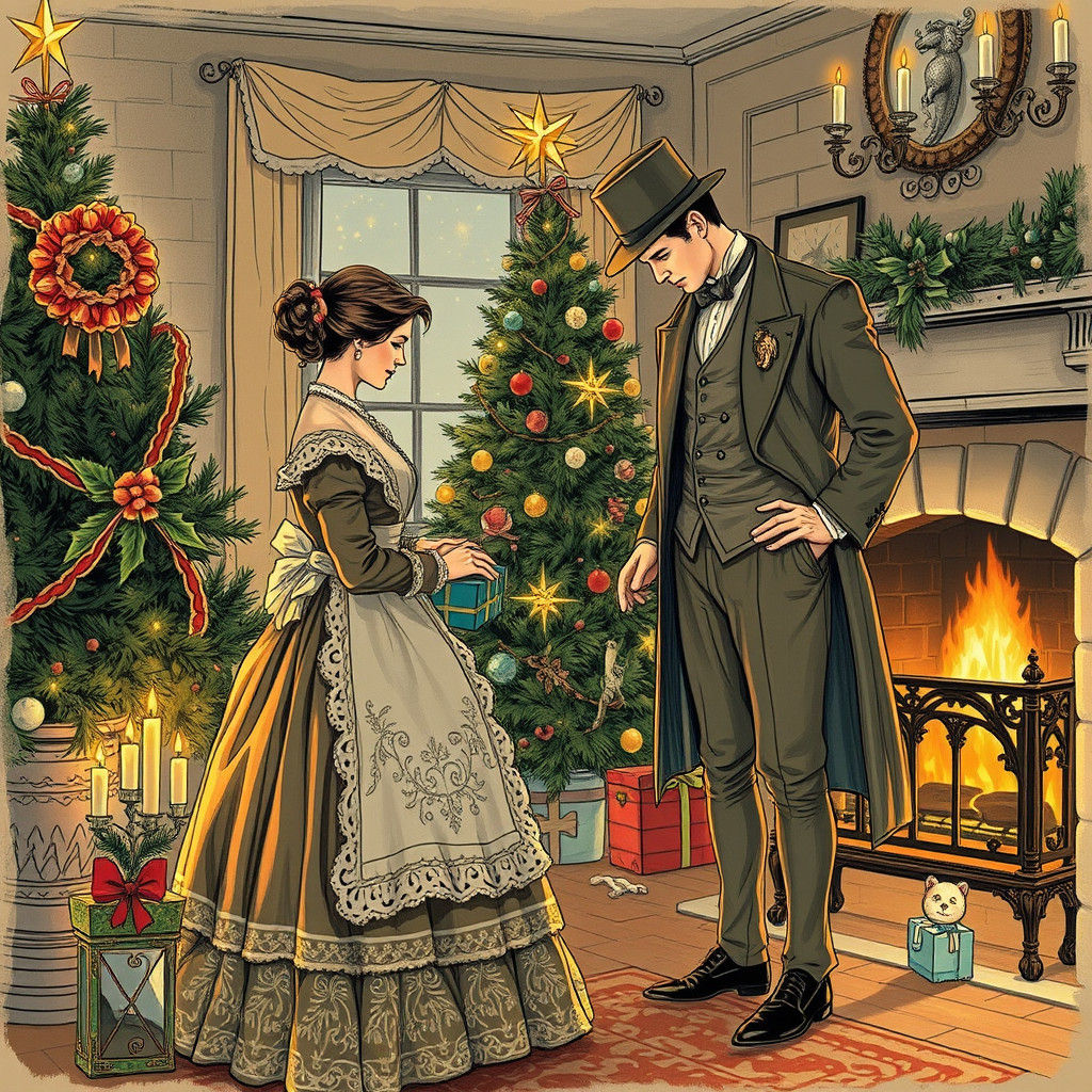 Victorian Christmas Eve Scene in Sketch Style