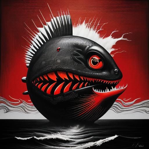 Surreal Piranha Painting in Pop Surrealism Style