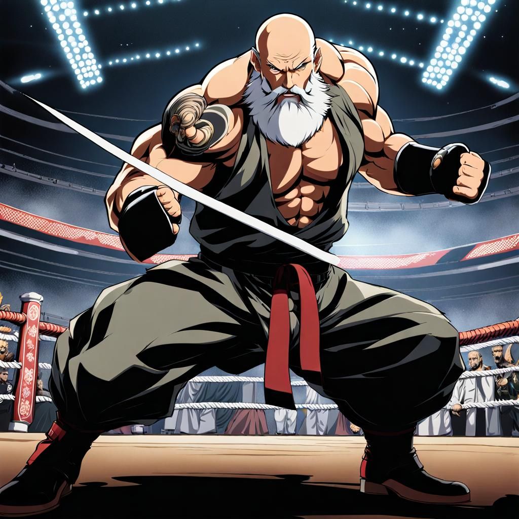 Anime Fighter Punches Opponent in Arena Setting