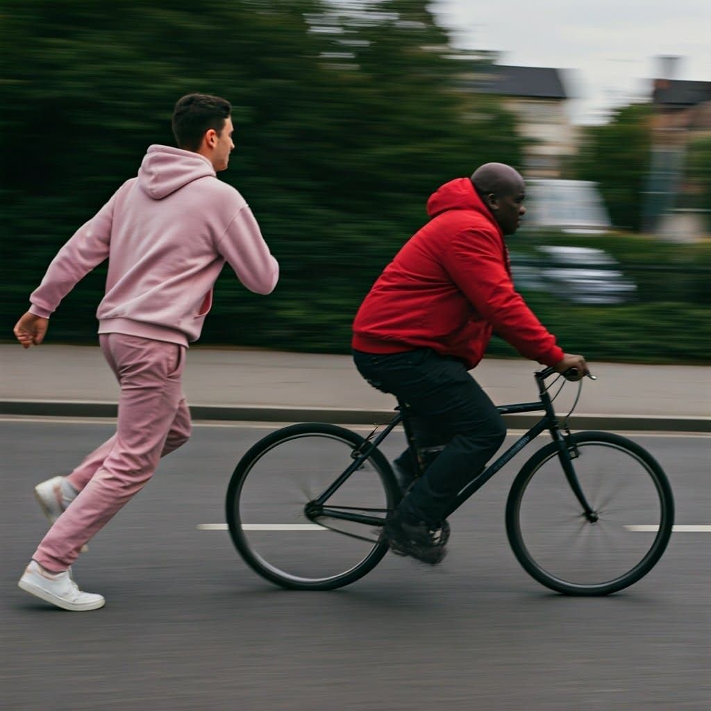 Man Chasing Cyclist in City Street Photo