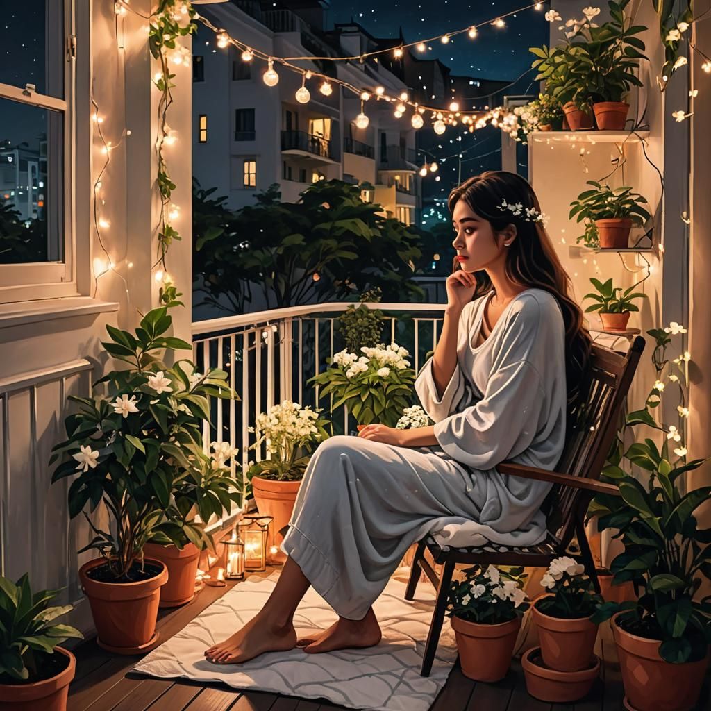 Girl on Balcony at Night with Fairy Lights