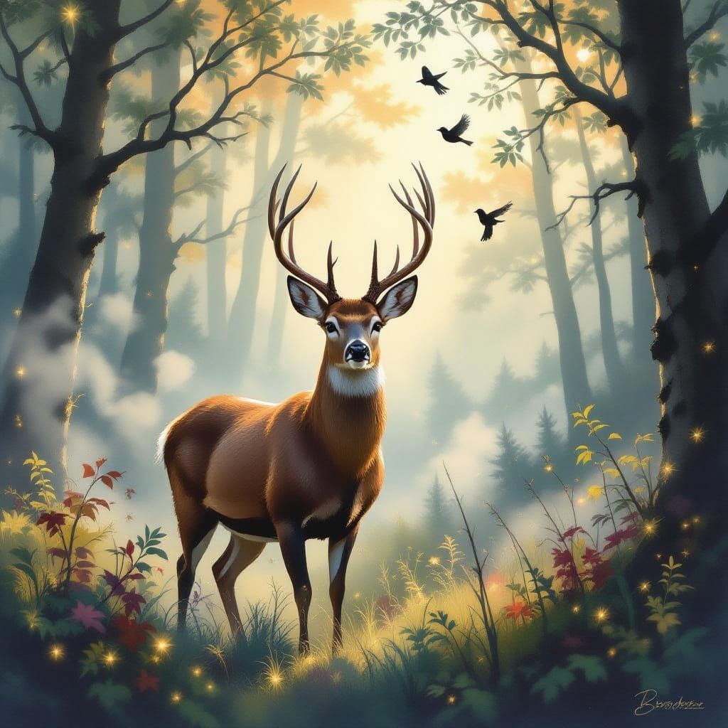 Majestic Deer in Enchanted Forest Oil Painting