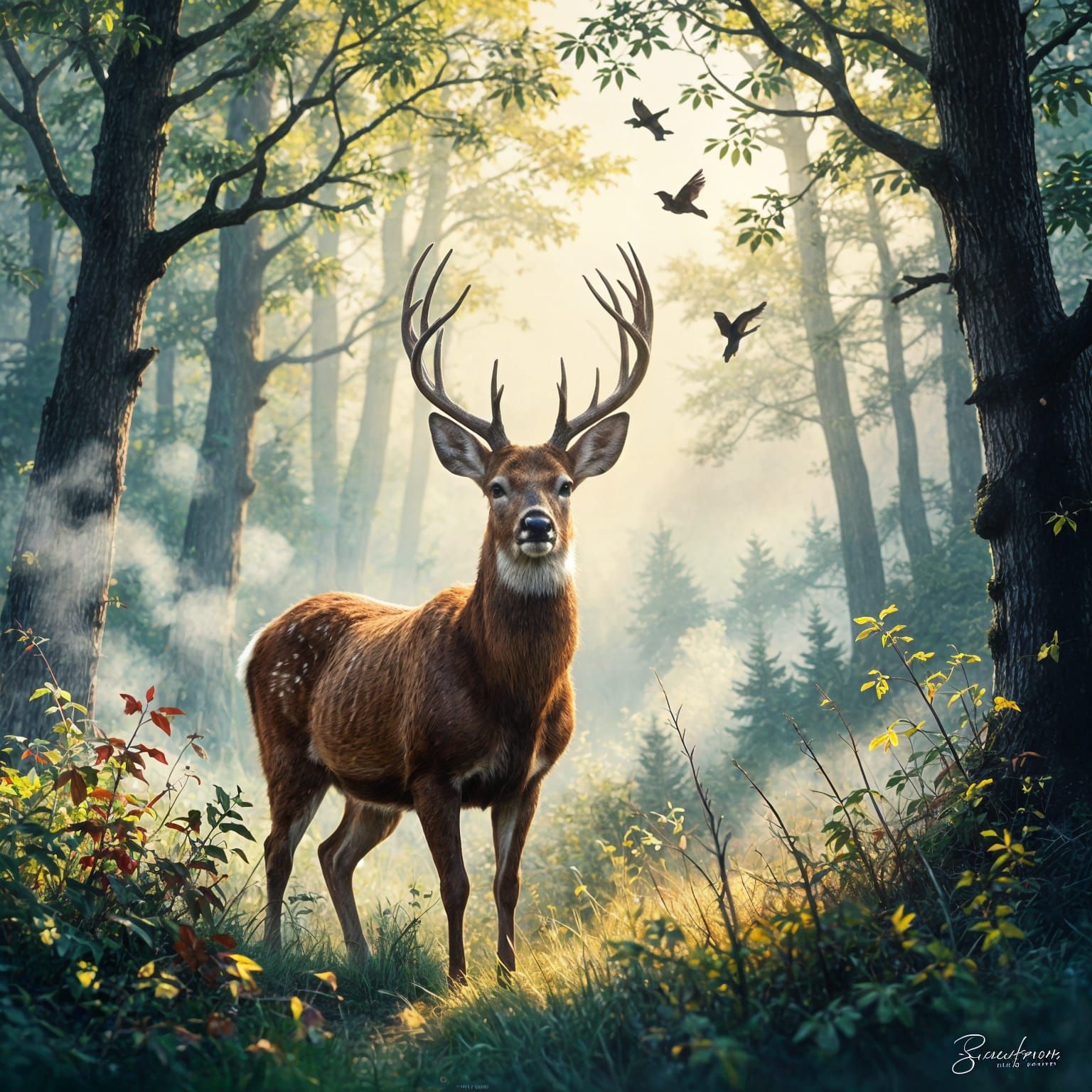 Majestic Deer in Enchanted Forest Oil Painting