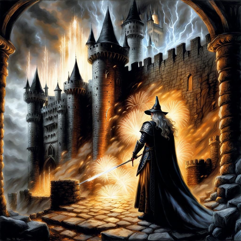 Wizard Casting Spells in Medieval Castle Lair