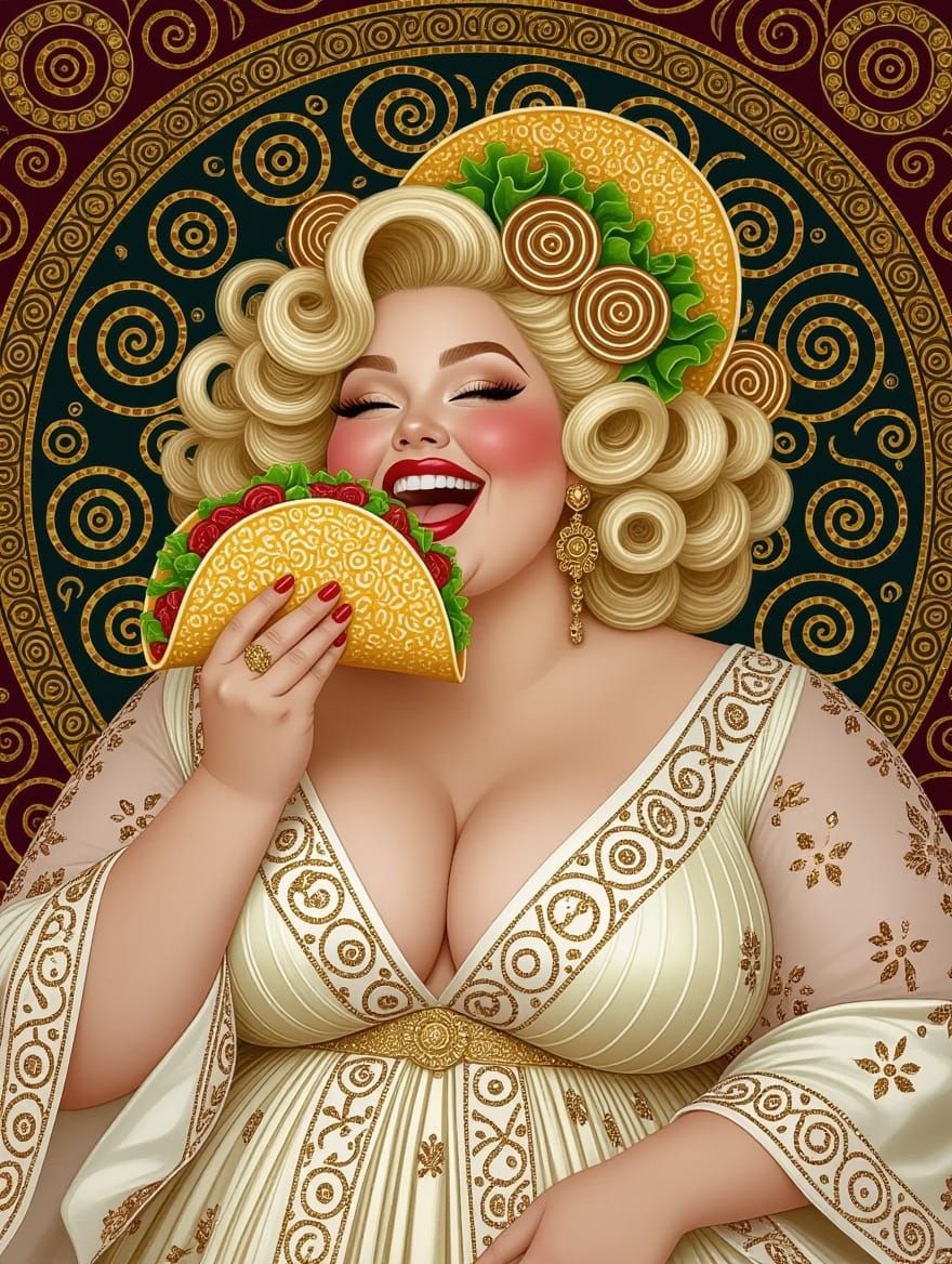 Woman Enjoys Taco in Klimt-Inspired Caricature