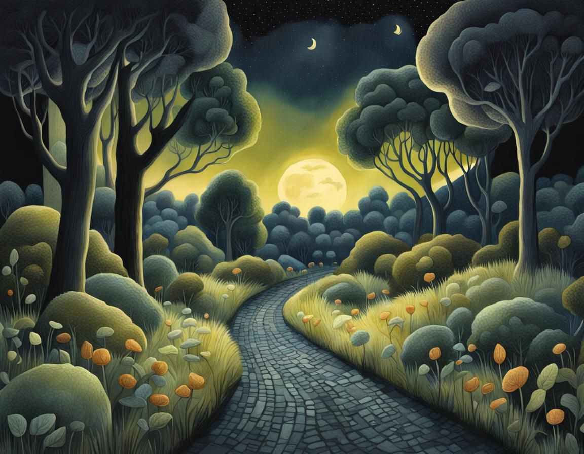 Enchanted Nighttime Whimsy: A Dreamy Rural Road Scene