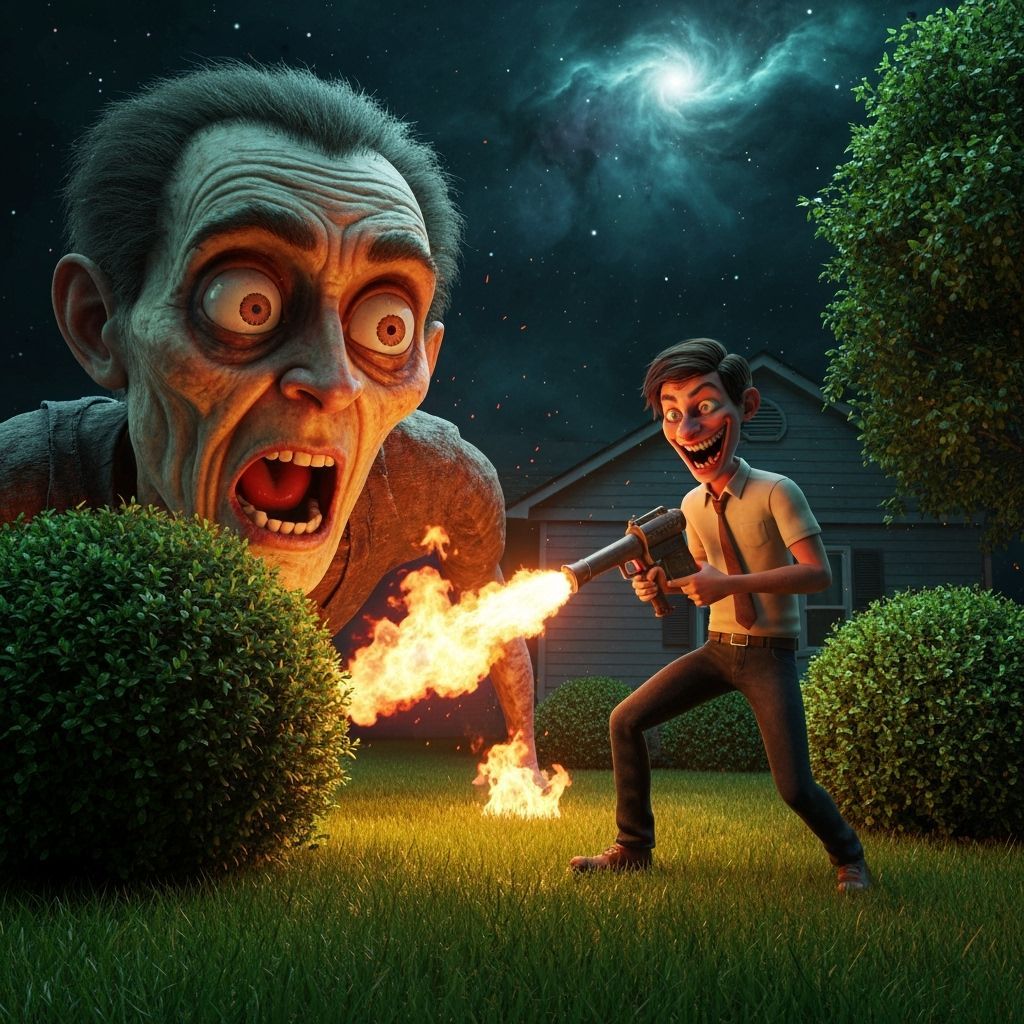 Manic DJ with Flamethrower Burns Lawn in Surreal Dreamscape