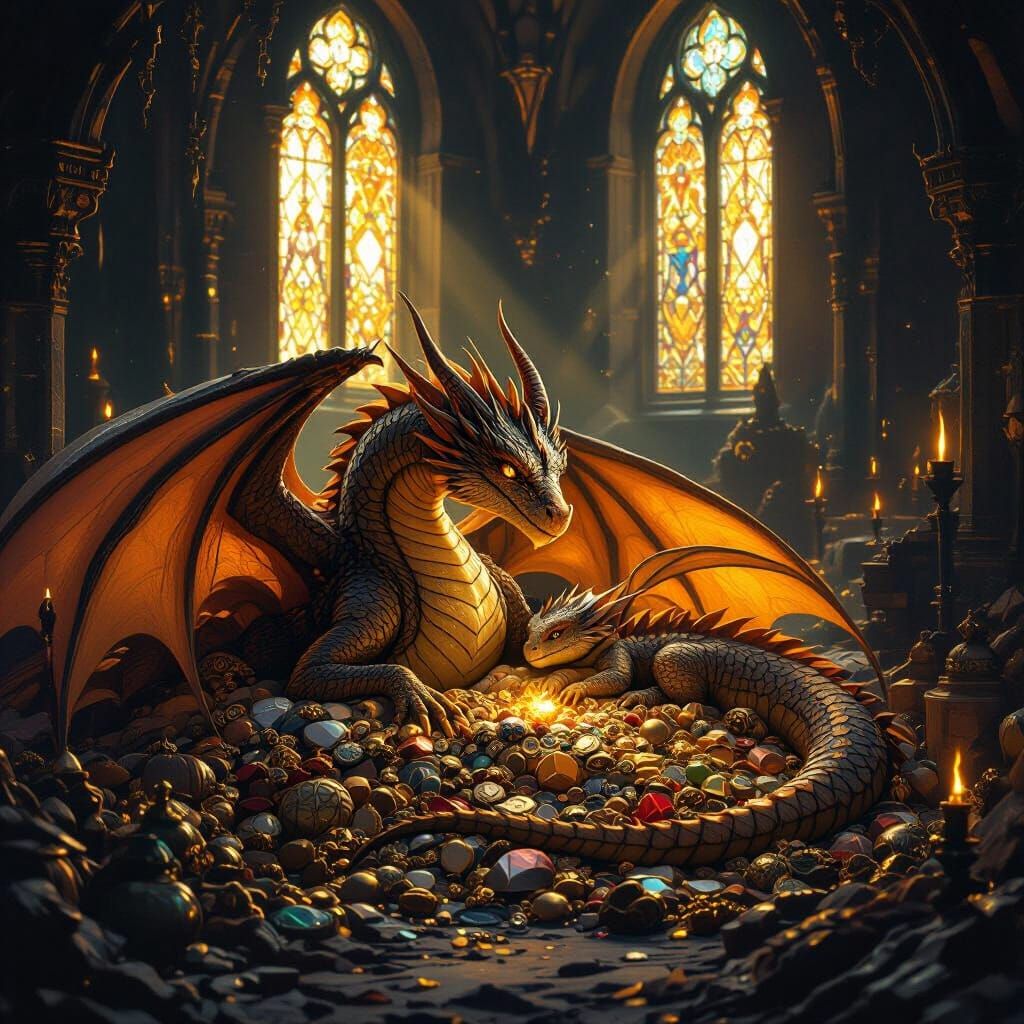 Mother Dragon and Baby in Treasure Hoard