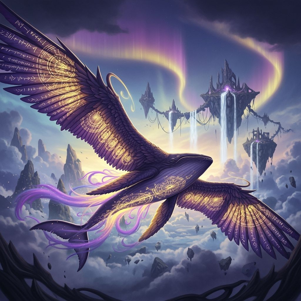 Feathered Sky Whale Soaring Through Dark Fantasy Sky