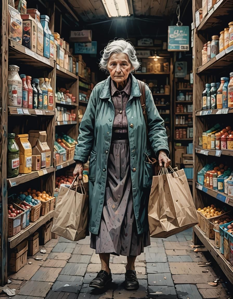 Nostalgic Acrylic Painting of Elderly Woman at Market