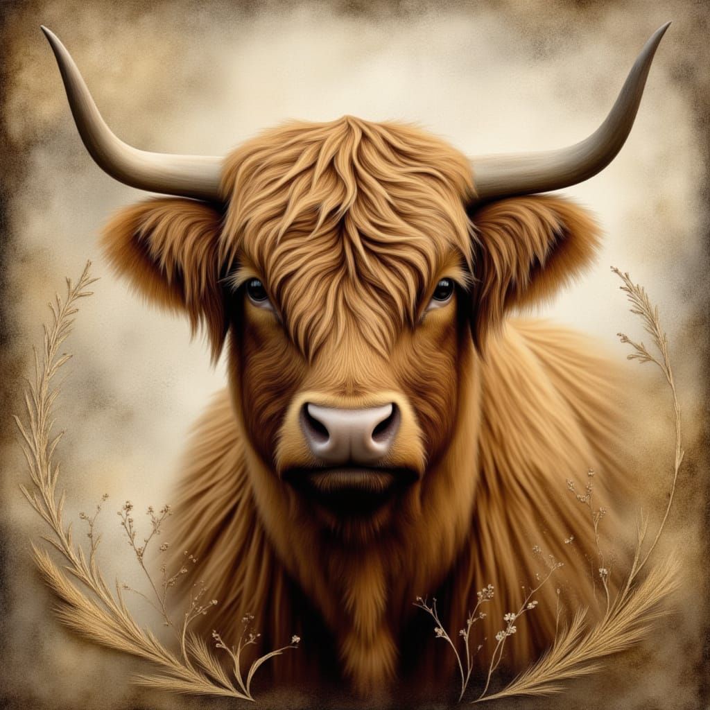 Highland Cow with Golden Horns in Pastel Fantasy Style