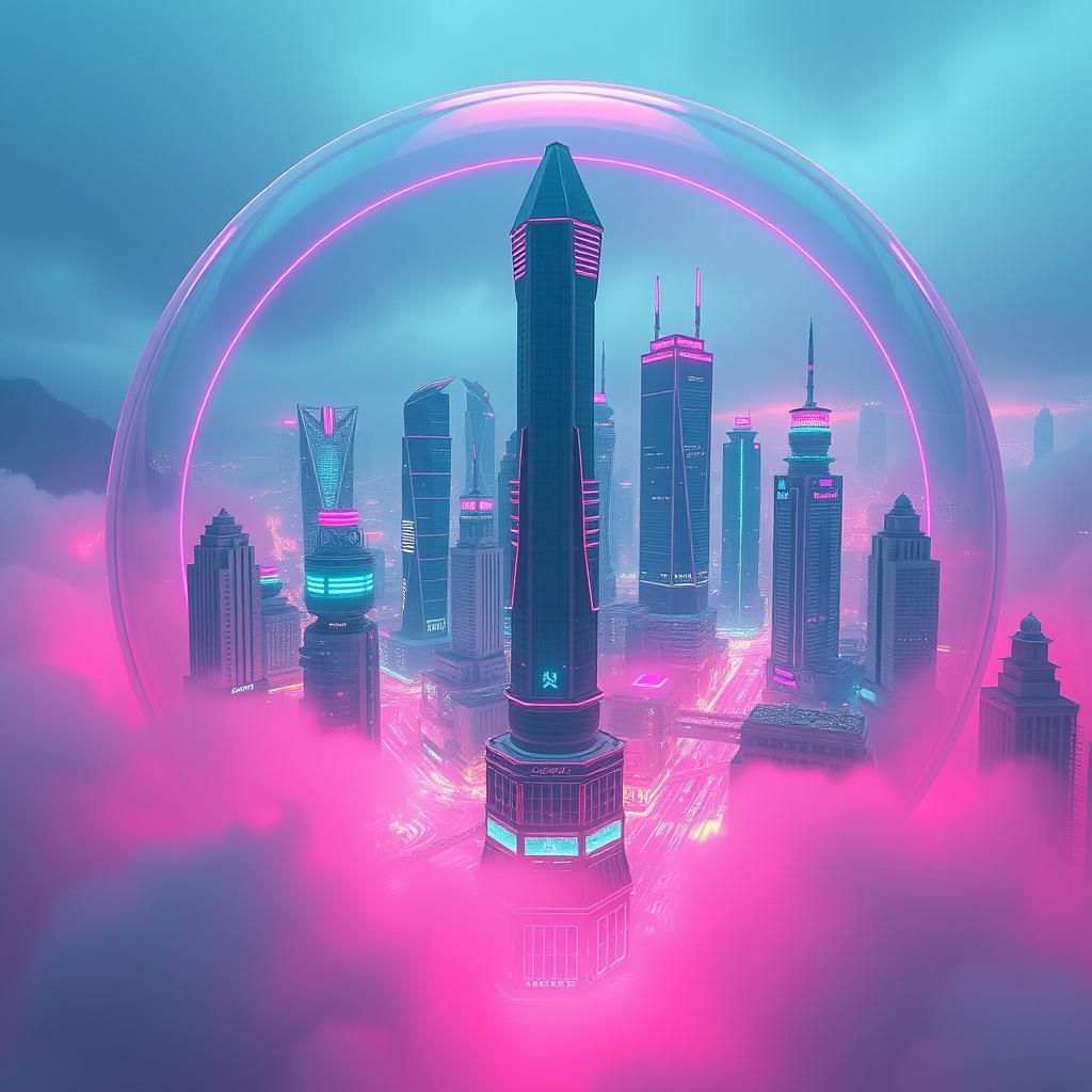 Futuristic City in Glass Sphere with Neon Lights